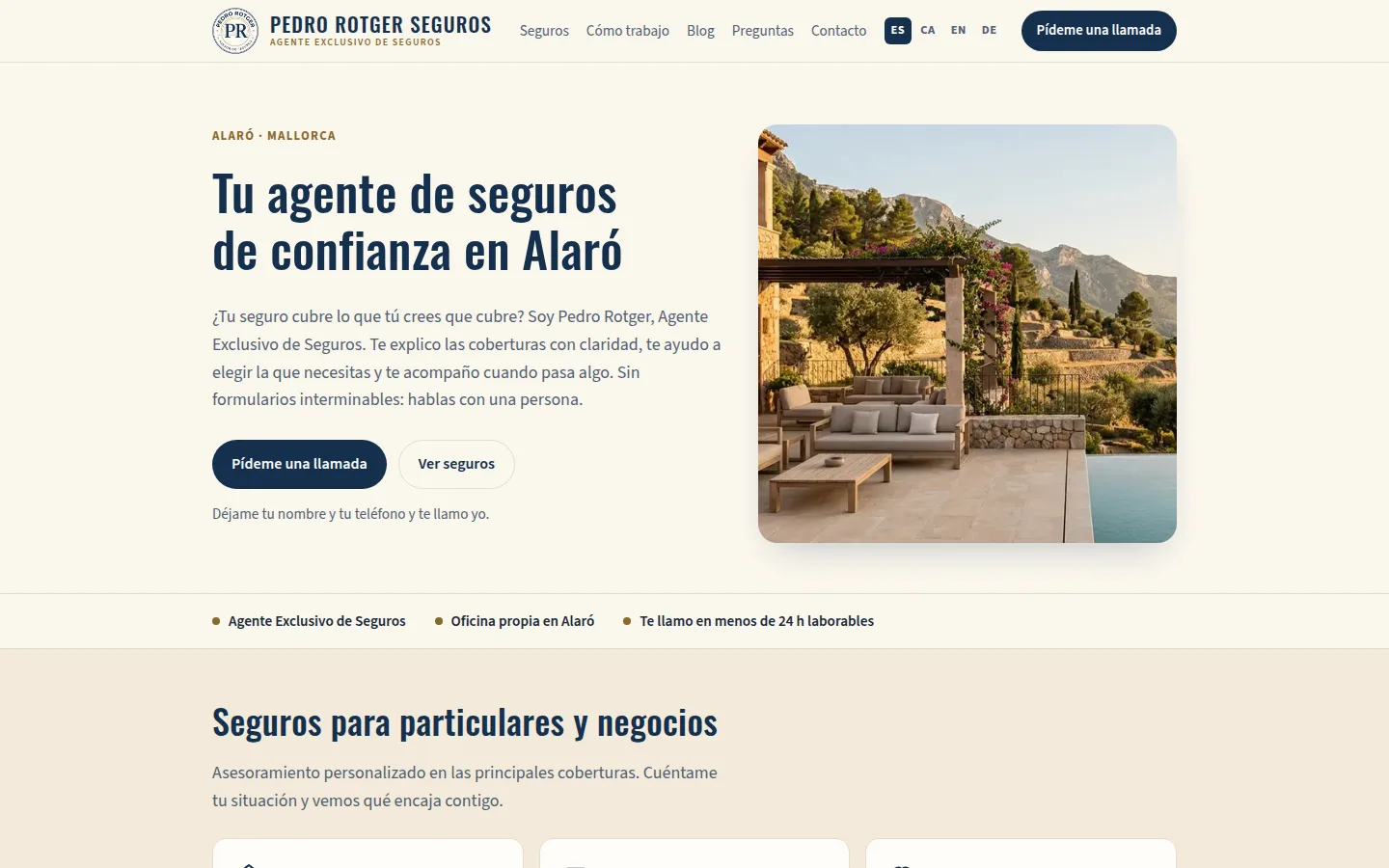 Portada de la web de Pedro Rotger Seguros en escritorio