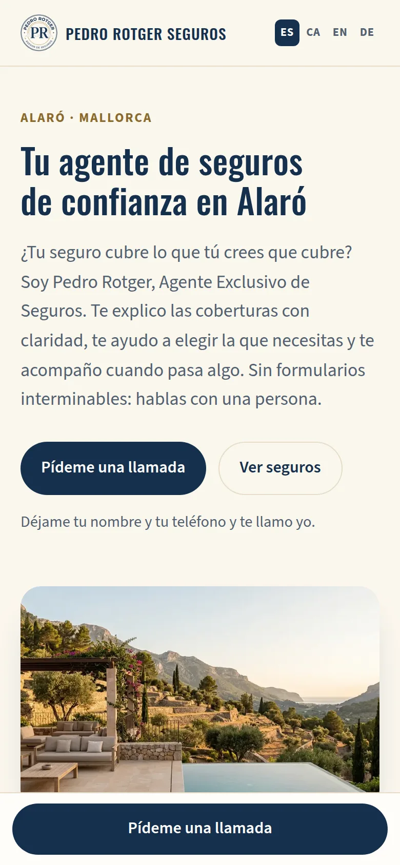 Portada de la web de Pedro Rotger Seguros en móvil